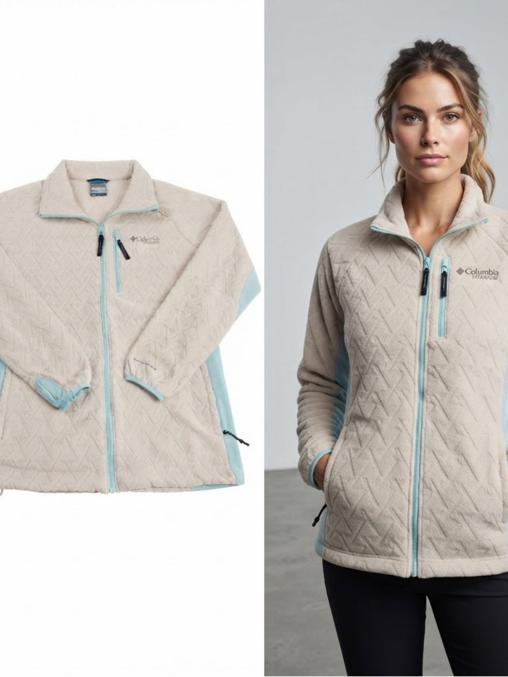 Columbia Women's Cream Titanium Fleece Jacket with Light Blue Accents Medium